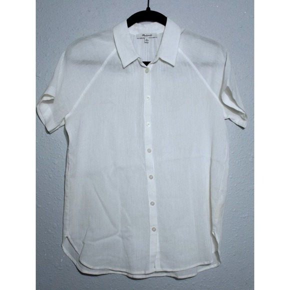 Madewell Tops - Madewell White Textured Cotton Short Sleeve Button Down Shirt XS Raglan Hem